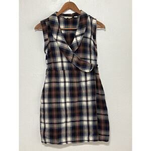 11-1-TYLHO Wrap Dress XS Blue Brown Soft Flannel Plaid Preppy Country Western